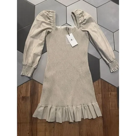 NWT 7 For All Mankind Faux Leather Smocked Ruffle Trim Puff Sleeve Dress Sz S - Picture 1 of 6